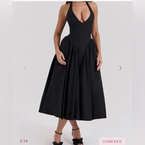 House of CB Marilyn Gingham Black Halter Midi Dress Size L+